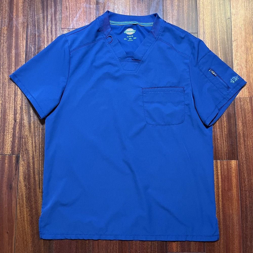 Dickies Scrubs Mens Large Dynamix V Neck Top Chest Pocket Sleeve Zipper Casual